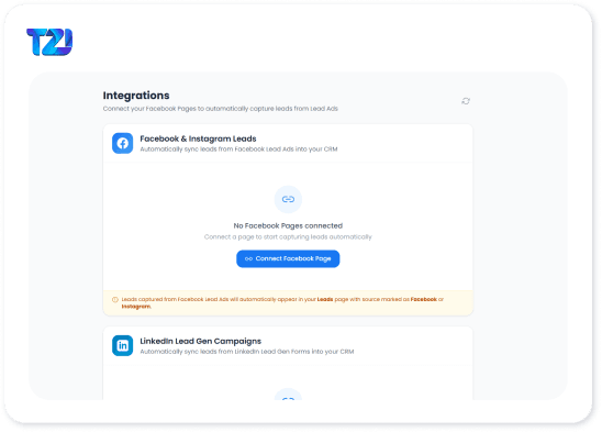 TZI CRM integrations panel connecting Facebook, Instagram and LinkedIn lead ads